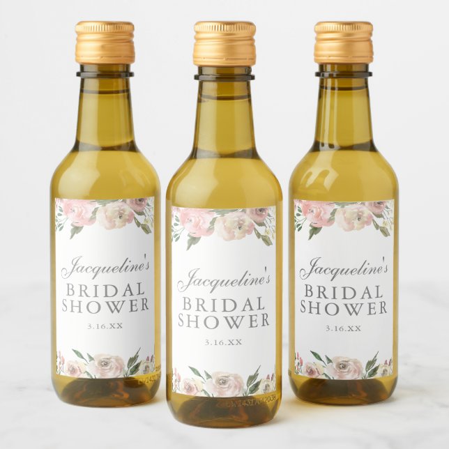 Elegant Pink Floral Custom Bridal Shower Mini Wine Label (Bottles)