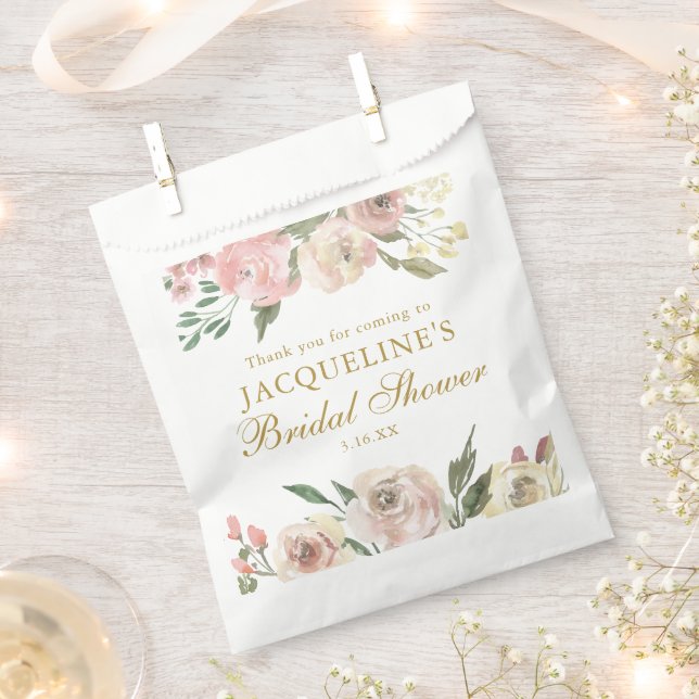 Elegant Pink Floral Custom Gold Bridal Shower Favour Bag (Clipped)