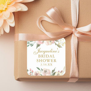 Elegant Pink Floral Custom Gold Bridal Shower Square Sticker