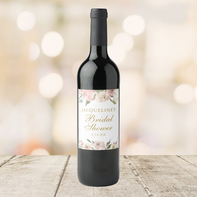 Elegant Pink Floral Custom Gold Bridal Shower Wine Label (Creator Uploaded)