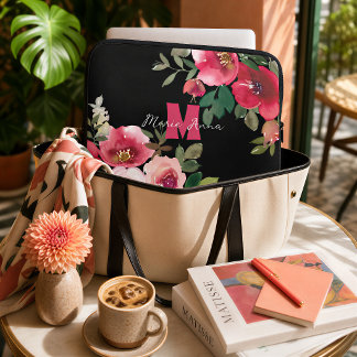 Elegant Pink Floral Custom Name Gift for Her Laptop Sleeve