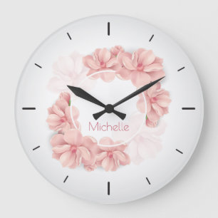 Elegant Pink Floral Custom Name   Wall Clock