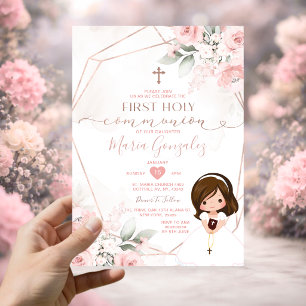 Elegant Pink Floral Cute Girl First Holy Communion Invitation