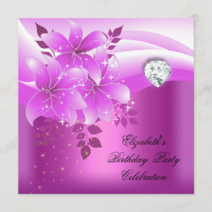 Elegant Pink Floral Diamond Birthday Party Invitation