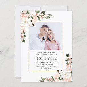 Elegant Pink Floral Engagement Party Photo Invitation