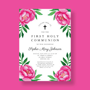 Elegant Pink Floral First Communion Invitation