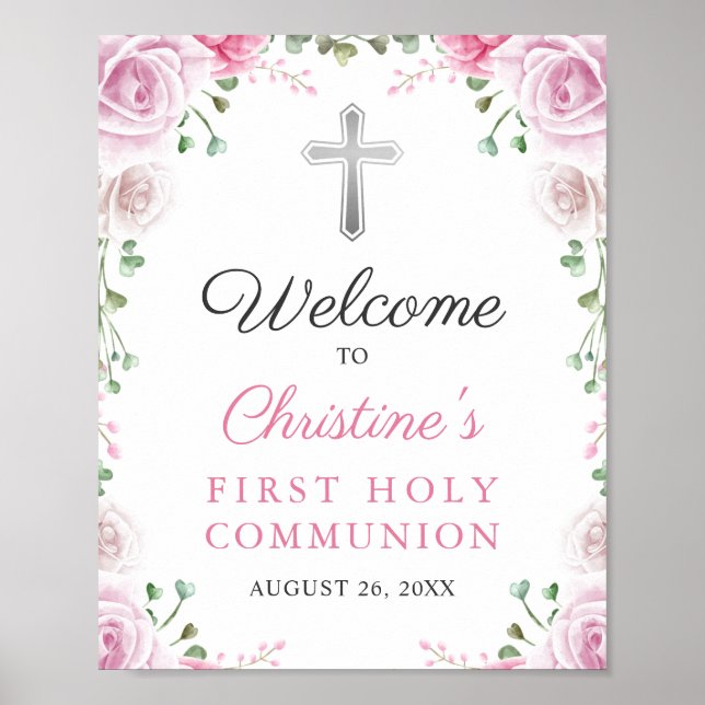 Elegant Pink Floral First Holy Communion Welcome Poster (Front)