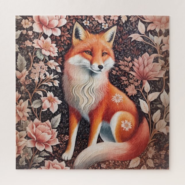Elegant Pink Floral Fox William Morris Inspired Jigsaw Puzzle (Vertical)