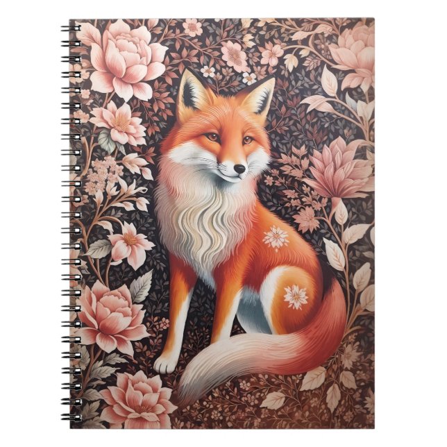 Elegant Pink Floral Fox William Morris Inspired Notebook (Front)