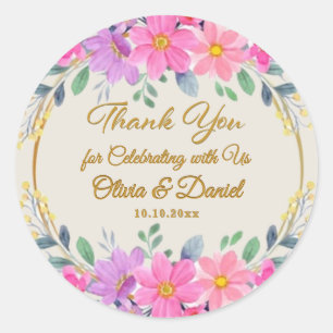 Elegant Pink Floral Garden Party Wedding Thank You Classic Round Sticker
