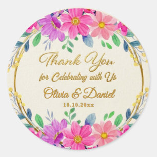 Elegant Pink Floral Garden Party Wedding Thank You Classic Round Sticker