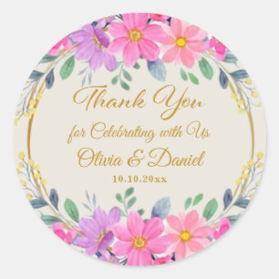 Elegant Pink Floral Garden Party Wedding Thank You Classic Round Sticker