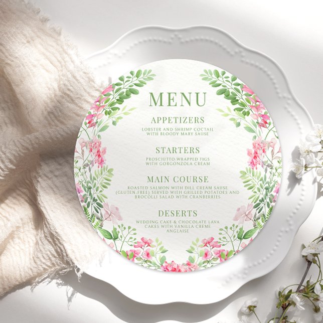 Elegant Pink Floral Garden Wedding Round Flat Menu (Creator Uploaded)