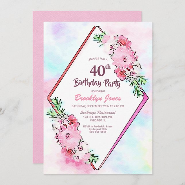 Elegant Pink Floral Geometric 40th Birthday Invitation (Front/Back)
