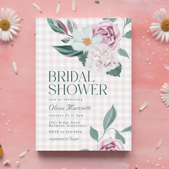 Elegant Pink Floral Gingham Garden Bridal Shower Invitation (Creator Uploaded)