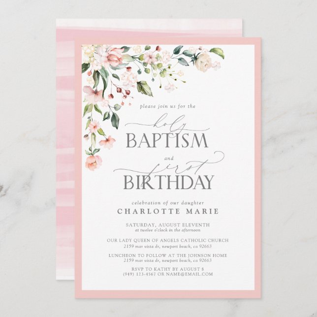 Elegant Pink Floral Girl Baptism & 1st Birthday Invitation (Front/Back)