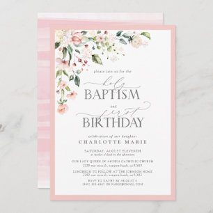 Elegant Pink Floral Girl Baptism & 1st Birthday Invitation