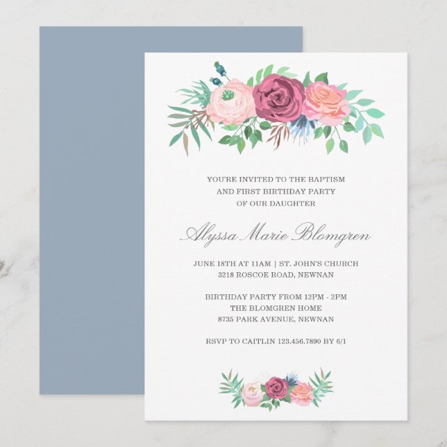 Elegant Pink Floral Girl Baptism First Birthday Invitation (Front/Back)