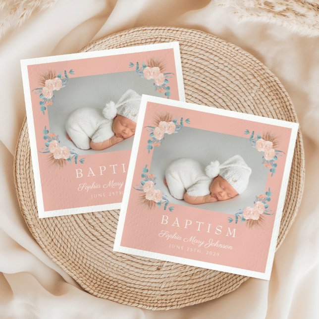 Elegant Pink Floral Girl Baptism Photo Napkin (Elegant Pink Floral Girl Baptism Photo Napkins)