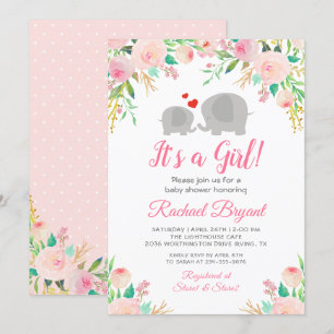 Elegant Pink Floral Girl Elephant Baby Shower Invitation