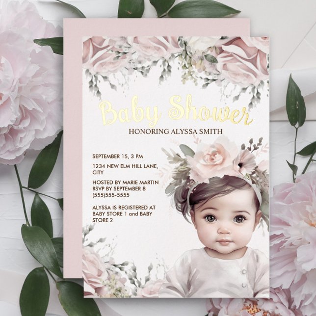 Elegant Pink Floral Girl Gold Foil Baby Shower (Creator Uploaded)