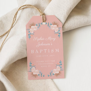 Elegant Pink Floral Girl Photo Baptism Gift Tags