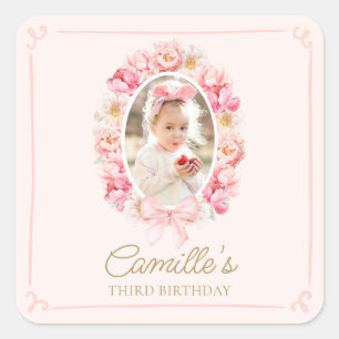 Elegant Pink Floral Girl Photo Birthday Square Sticker