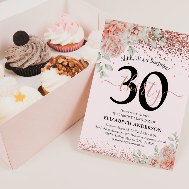 Elegant Pink Floral & Glitter 30th Birthday Party Invitation (Creator Uploaded)