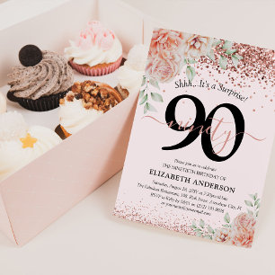 Elegant Pink Floral & Glitter 90th Birthday Party Invitation