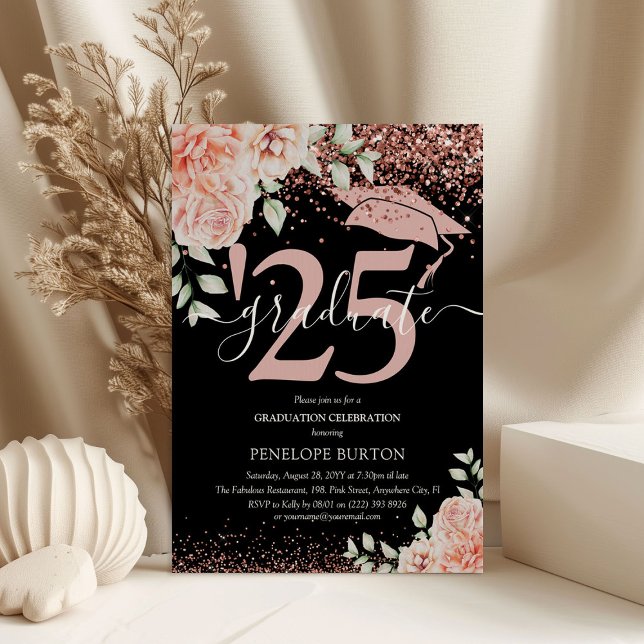 Elegant Pink Floral & Glitter Graduation Party Invitation (Creator Uploaded)