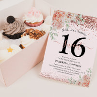 Elegant Pink Floral & Glitter Sweet 16th Birthday