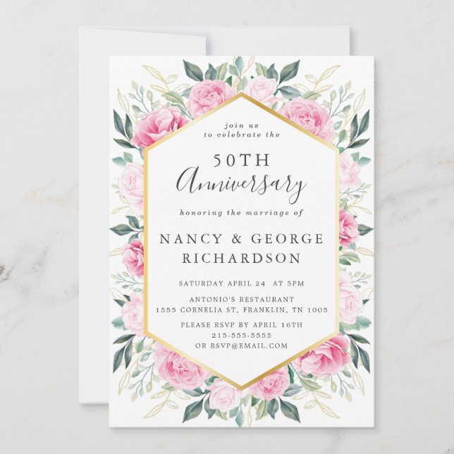 Elegant Pink Floral Gold 50th Wedding Anniversary Invitation (Front)