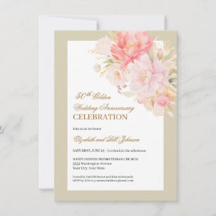 Elegant Pink Floral Gold 50th Wedding Anniversary Invitation