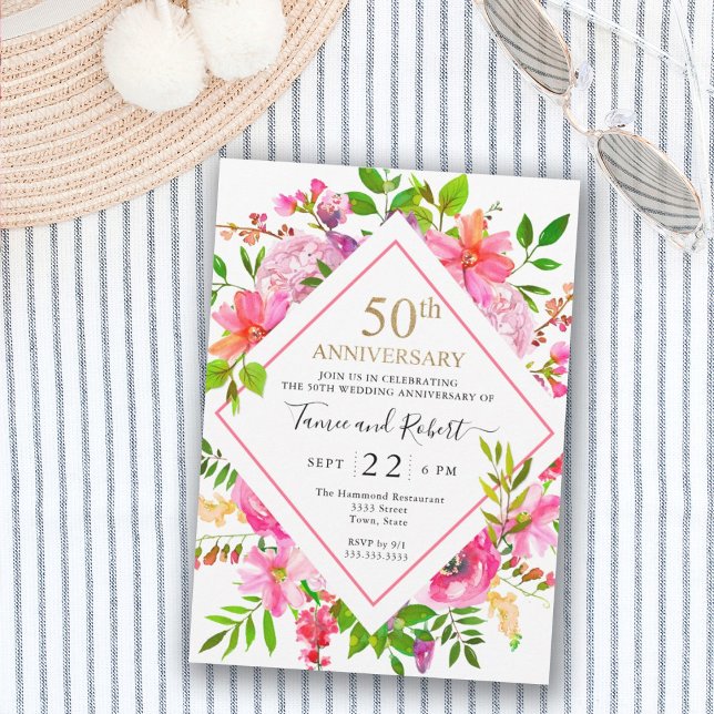 Elegant Pink Floral Gold 50th Wedding Invitation (Creator Uploaded)