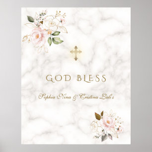 Elegant Pink Floral Gold Baptism God Bless Sign