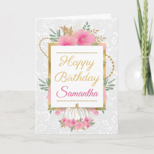 Elegant Pink Floral & Gold Birthday Card