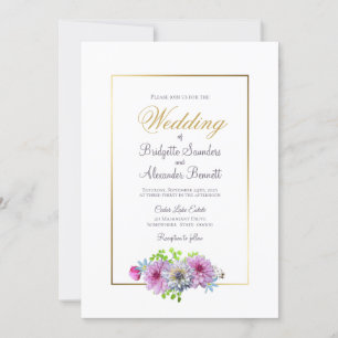 Elegant Pink Floral Gold Border Wedding Invitation