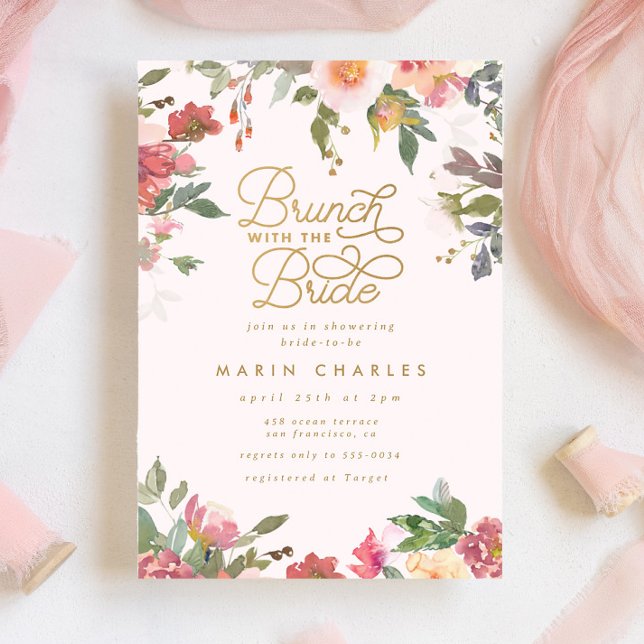 Elegant Pink Floral Gold Bridal Shower Brunch Invitation (Creator Uploaded)