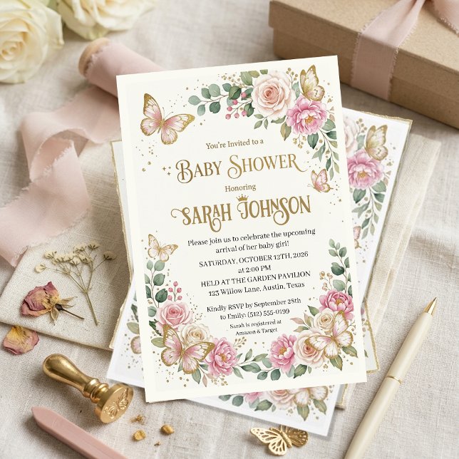 Elegant Pink Floral & Gold Butterfly  Baby Shower  Invitation (Creator Uploaded)