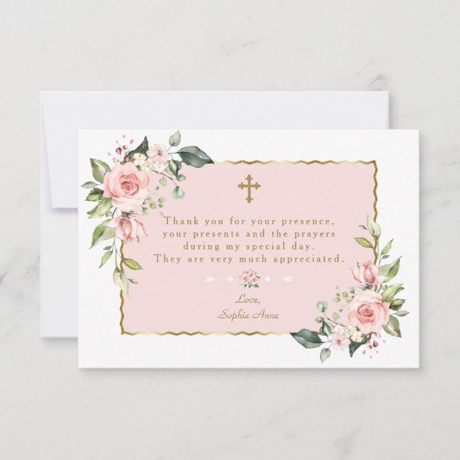Elegant Pink Floral Gold Cross Boy Confirmation Thank You Card (Front)