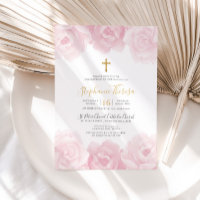 Elegant Pink Floral Gold Cross Girls Baptism