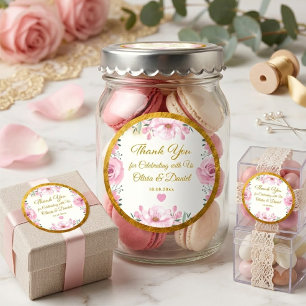 Elegant Pink Floral & Gold Foil Wedding Thank You Classic Round Sticker