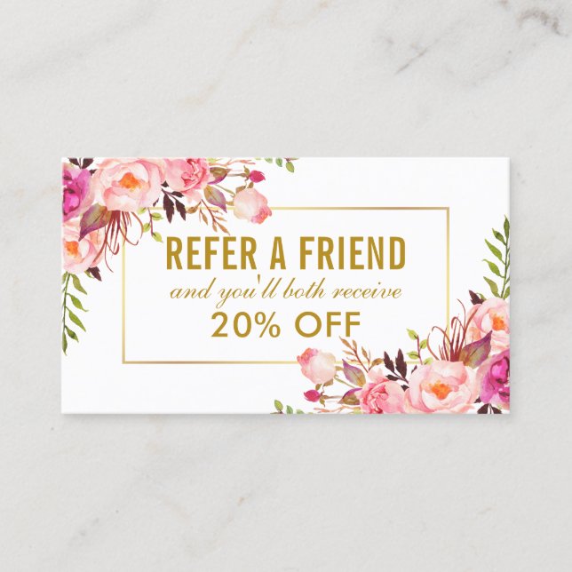 Elegant Pink Floral Gold Frame Referral Business Card (Front)