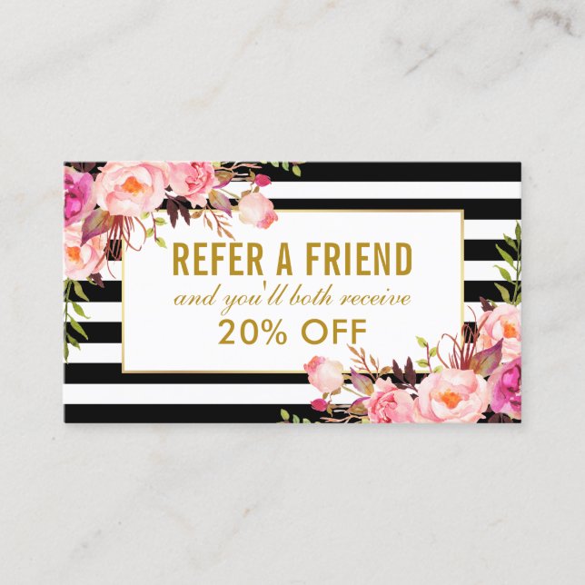 Elegant Pink Floral Gold Frame Striped Referral Business Card (Front)