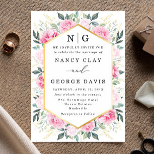 Elegant Pink Floral Gold Leaves Monogram Wedding Invitation