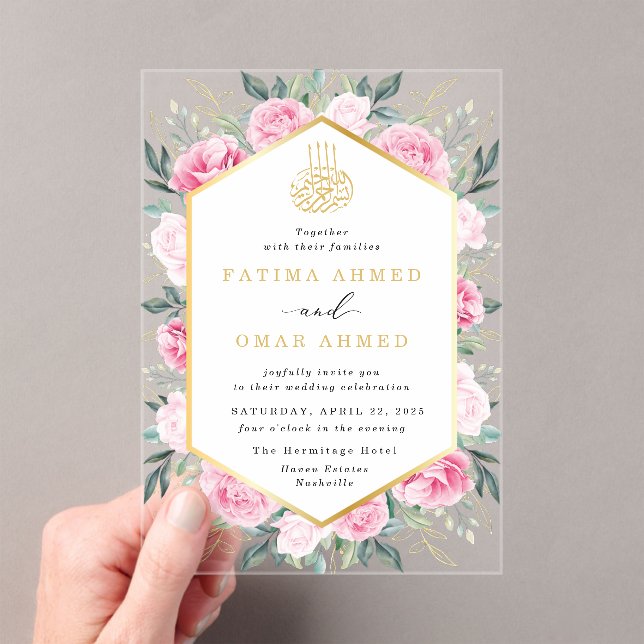 Elegant Pink Floral Gold Leaves Muslim Wedding Acrylic Invitations (Insitu (Handheld))
