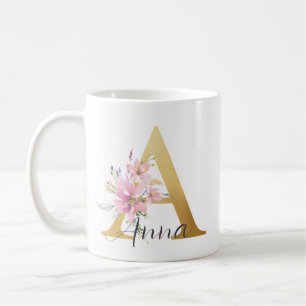 Elegant Pink Floral Gold Letter Monogram A Coffee Mug
