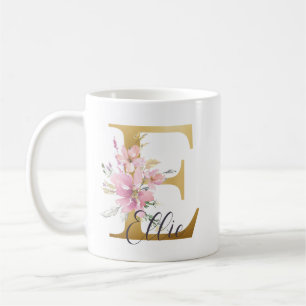 Elegant Pink Floral Gold Letter Monogram E Coffee Mug