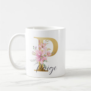 Elegant Pink Floral Gold Letter Monogram P Coffee Mug