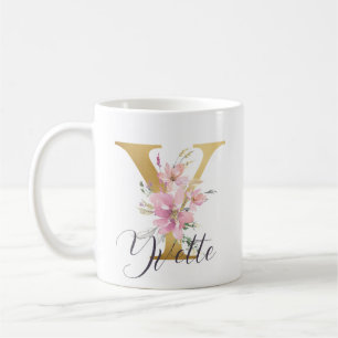 Elegant Pink Floral Gold Letter Monogram Y Coffee Mug